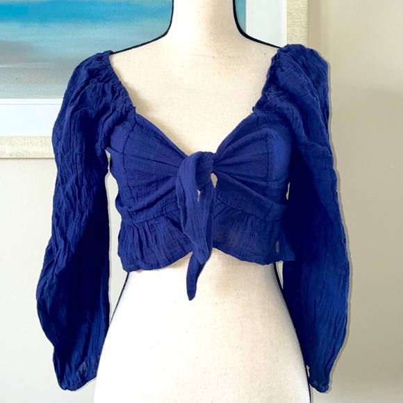 Cotton Candy Tops - Cotton Candy LA Long Sleeve V-Neck Bow Tie Babydoll Cropped Top
